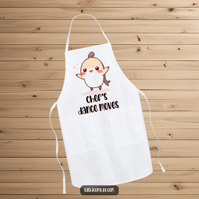 Funny apron illustration of a cheerful nigiri performing a cute dance, perfect for a happy kitchen.