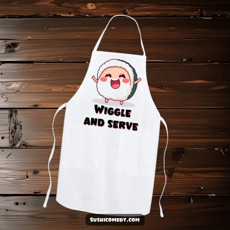 Funny Cheerful Tuna Sushi Apron showing a happy tuna sushi piece wiggling with excitement, adding fun to kitchen wear.