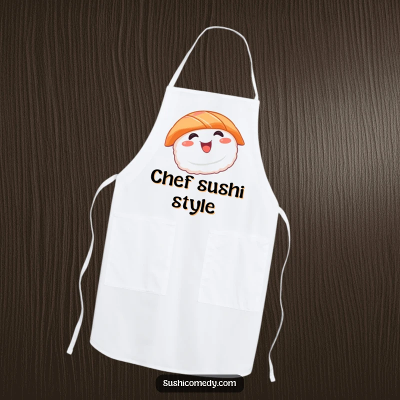 Funny sushi apron showing a smiling salmon sushi character happily spinning while cooking, perfect for chefs and foodies.