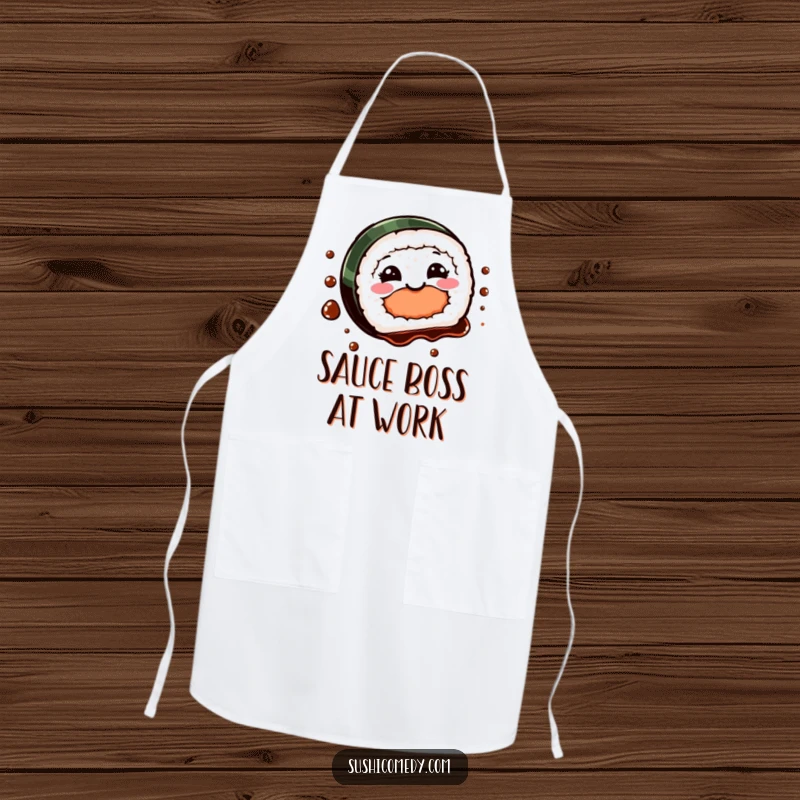 Funny Sushi Spin Apron showing a happy sushi piece doing a playful spin with soy sauce, adding fun to kitchen wear.