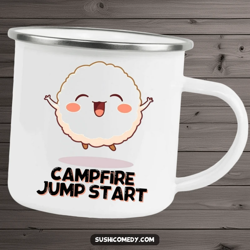 Funny camping mug design of a giggling rice ball in a joyful jump, ideal for outdoor lovers.
