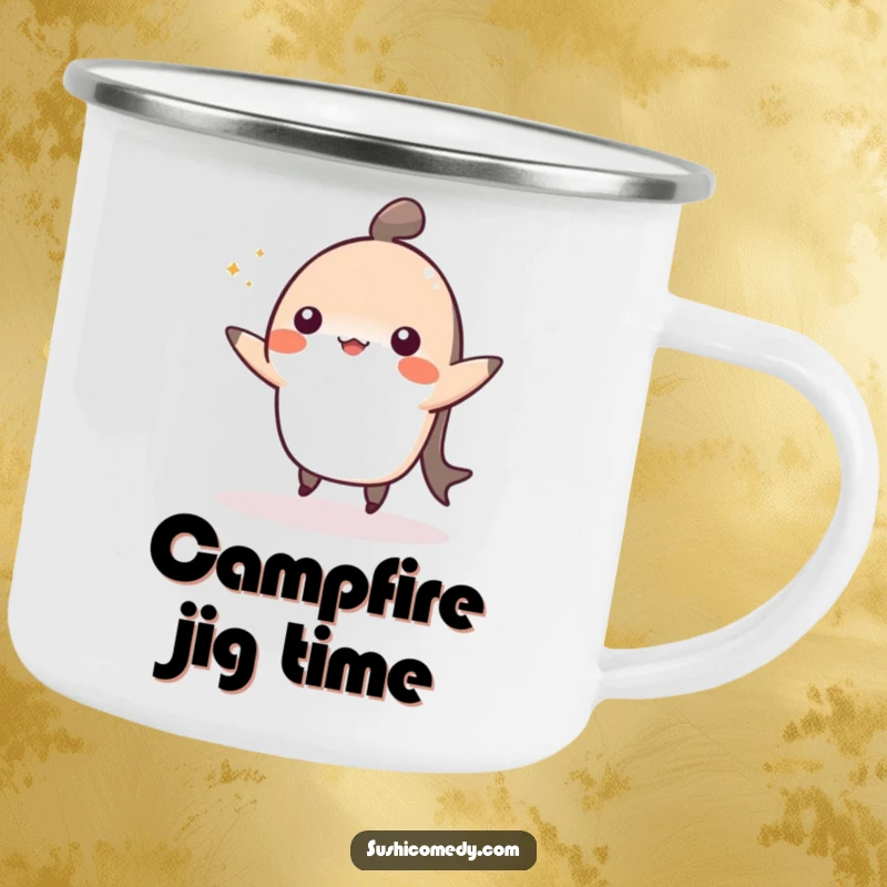 Funny camping mug design of a cheerful nigiri doing a cute dance, ideal for outdoor lovers.