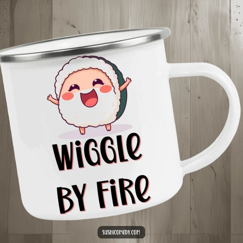 Funny Cheerful Tuna Sushi Camping Mug featuring a happy tuna sushi piece wiggling with excitement, perfect for outdoor enjoyment.