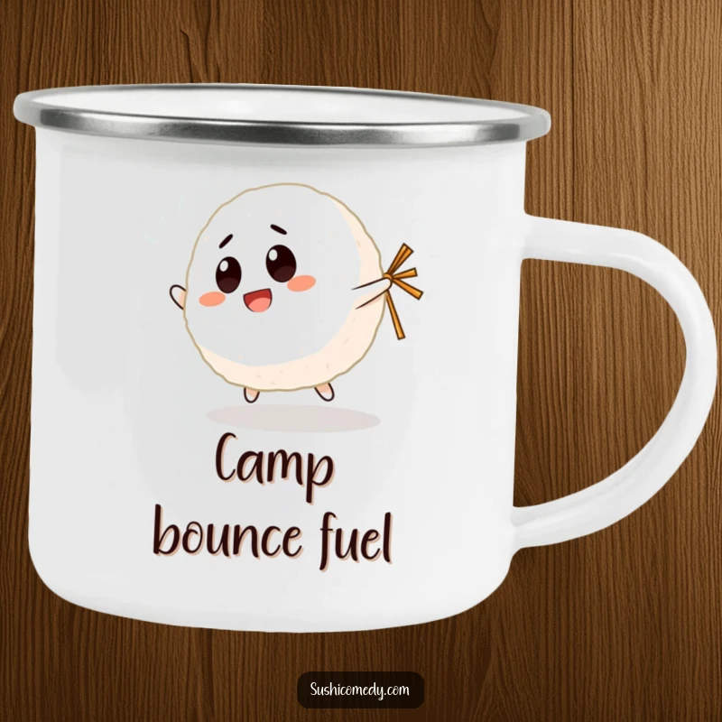 Funny Giggling Rice Ball Camping Mug featuring a happy rice ball character bouncing with a nori strip, perfect for outdoor enjoyment.