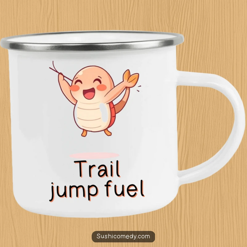 Funny Happy Shrimp Sushi Camping Mug featuring a joyful shrimp sushi character in a happy leap, perfect for outdoor enjoyment.