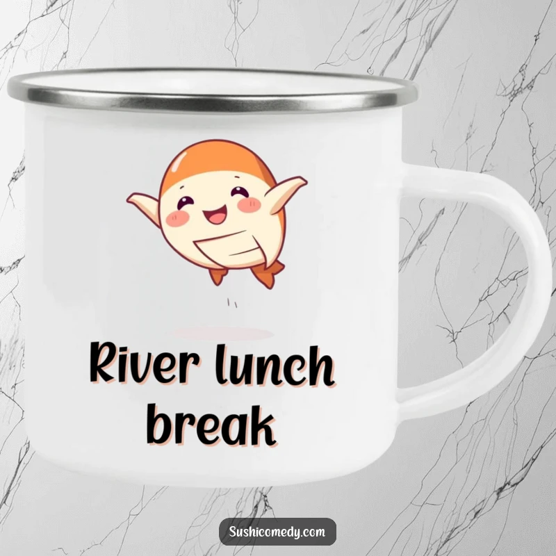 Funny Camping Mug showing a smiling salmon nigiri doing a playful leap, perfect for outdoor enthusiasts who appreciate humor and food.