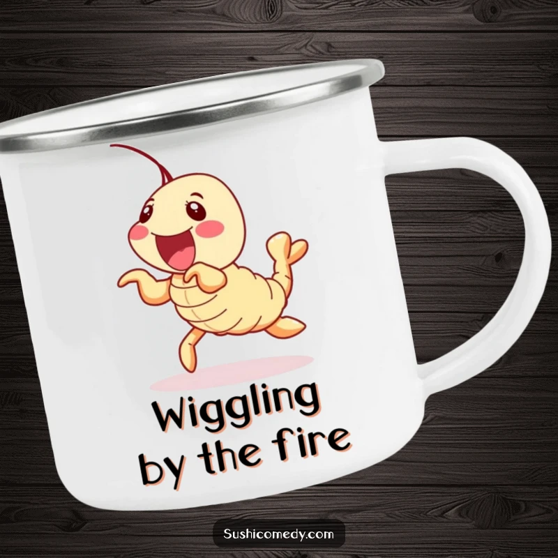 Funny shrimp tempura sushi roll camping mug, delightfully wiggling its legs, durable and humorous for outdoor use.