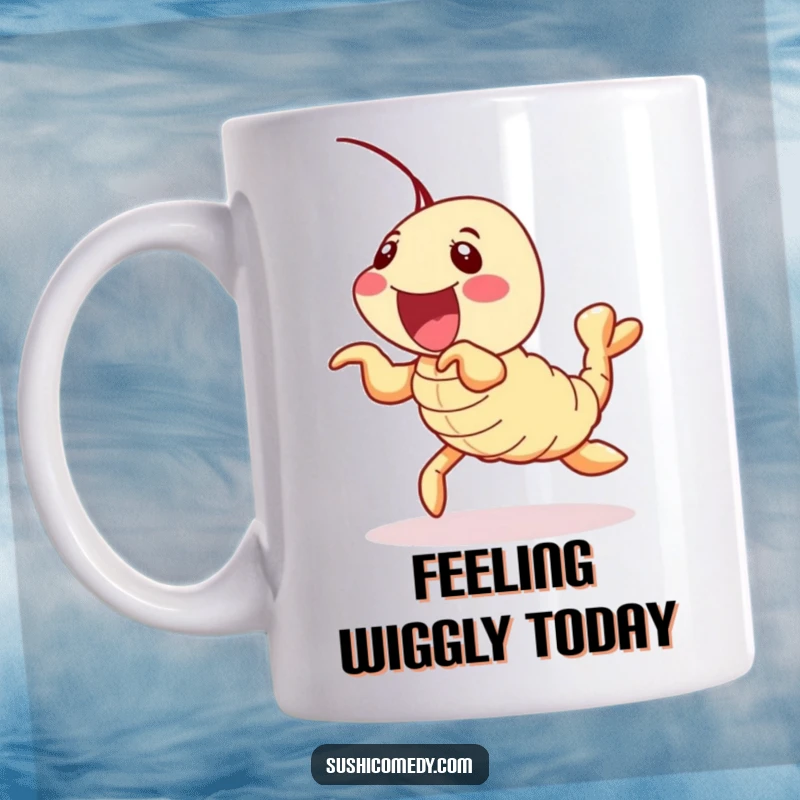 Funny shrimp tempura sushi roll mug, delightfully wiggling its legs with joy, a cute and humorous gift.