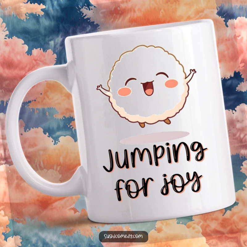 Funny mug featuring a happy, giggling rice ball doing a little jump with pure delight.