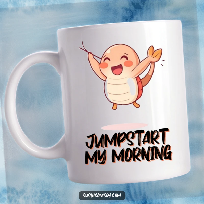 Funny Happy Shrimp Sushi Mug featuring a joyful shrimp sushi character mid-leap, expressing pure happiness and delight.