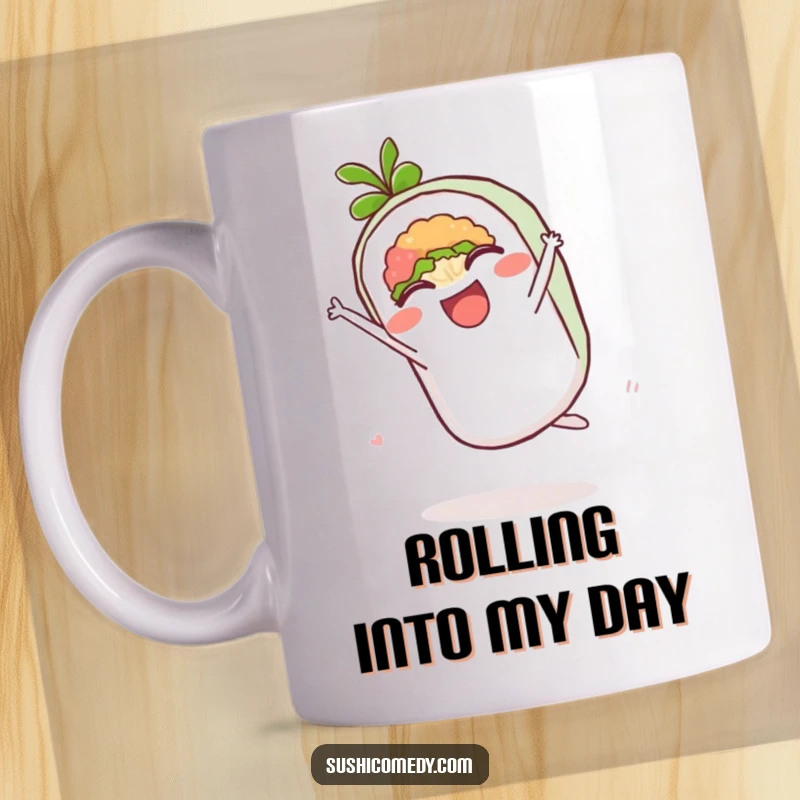 Funny mug featuring a delighted maki roll performing a joyful cartwheel with enthusiasm.