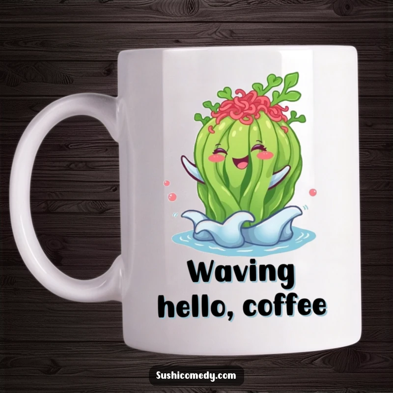Funny seaweed salad mug, happily performing a gentle wave, a serene and humorous breakfast companion.