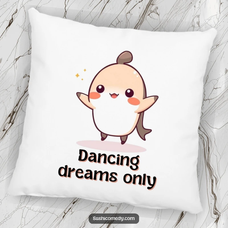 Funny pillow design of a happy nigiri doing a cute dance, offering soft, delightful comfort.