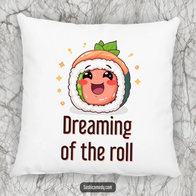 Funny tuna maki sushi roll pillow, cheerfully rolling with excitement, soft and humorous home decor.