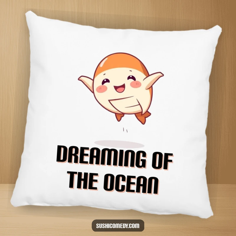 Funny Pillow featuring a smiling salmon nigiri doing a playful leap, offering comfort and a touch of delicious humor.