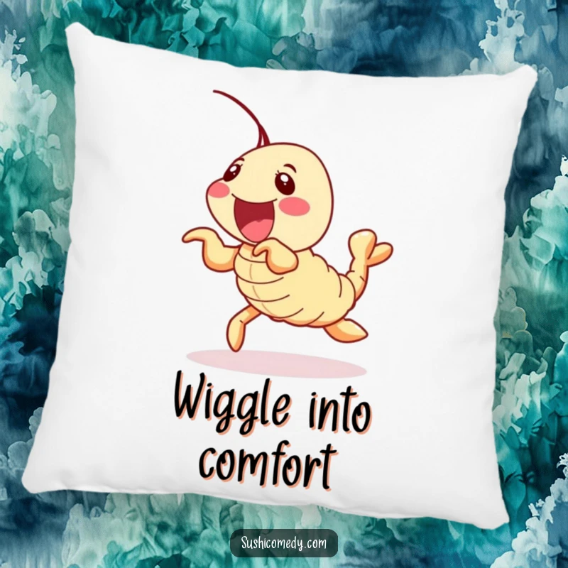 Funny shrimp tempura sushi roll pillow, delightfully wiggling its legs, soft and humorous home decor.