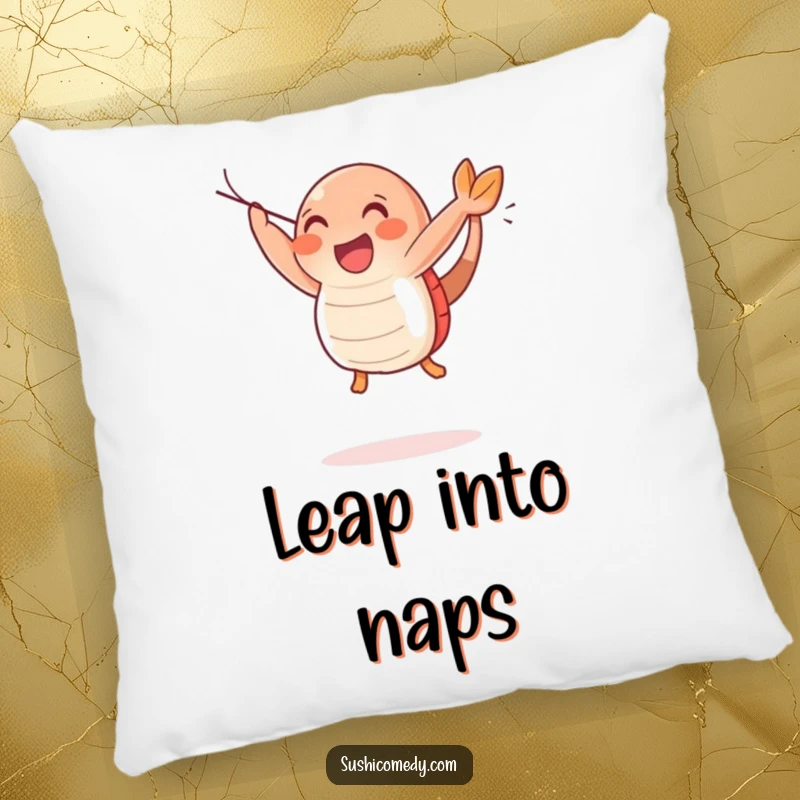 Funny Happy Shrimp Sushi Pillow featuring a cheerful shrimp sushi character in a joyful leap, perfect for cozying up with happiness.
