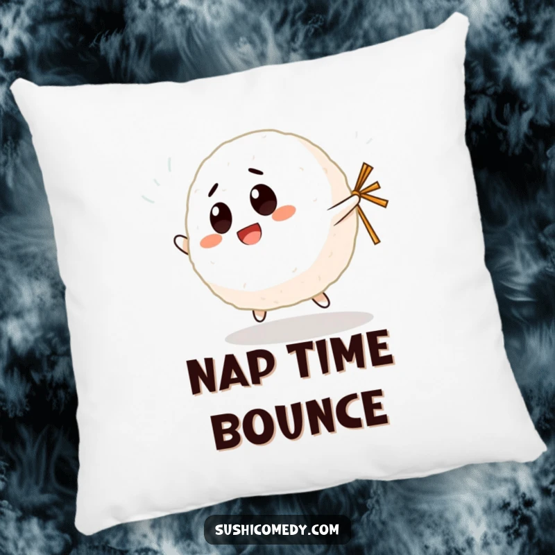 Funny Giggling Rice Ball Pillow featuring a cheerful rice ball character bouncing happily with a nori strip, perfect for cozying up.