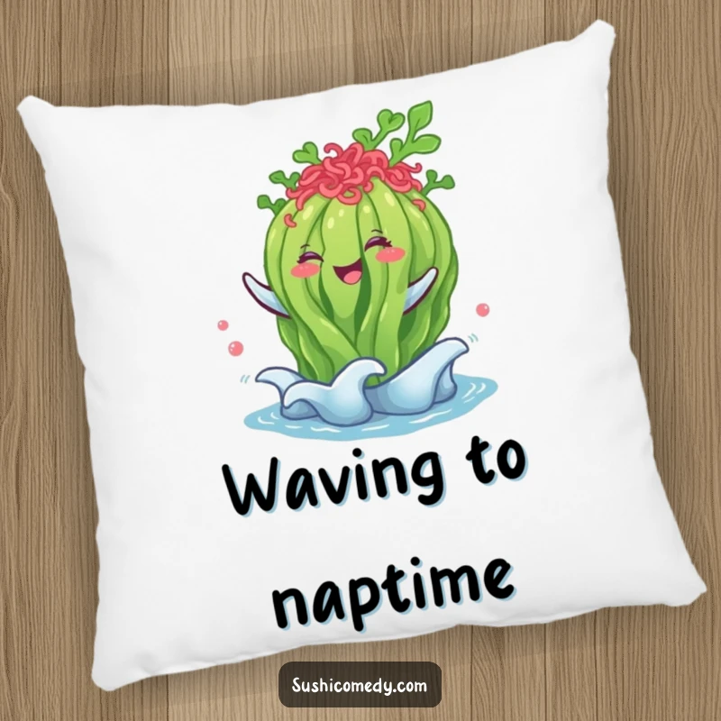 Funny seaweed salad pillow, happily performing a gentle wave, soft and humorous home decor.