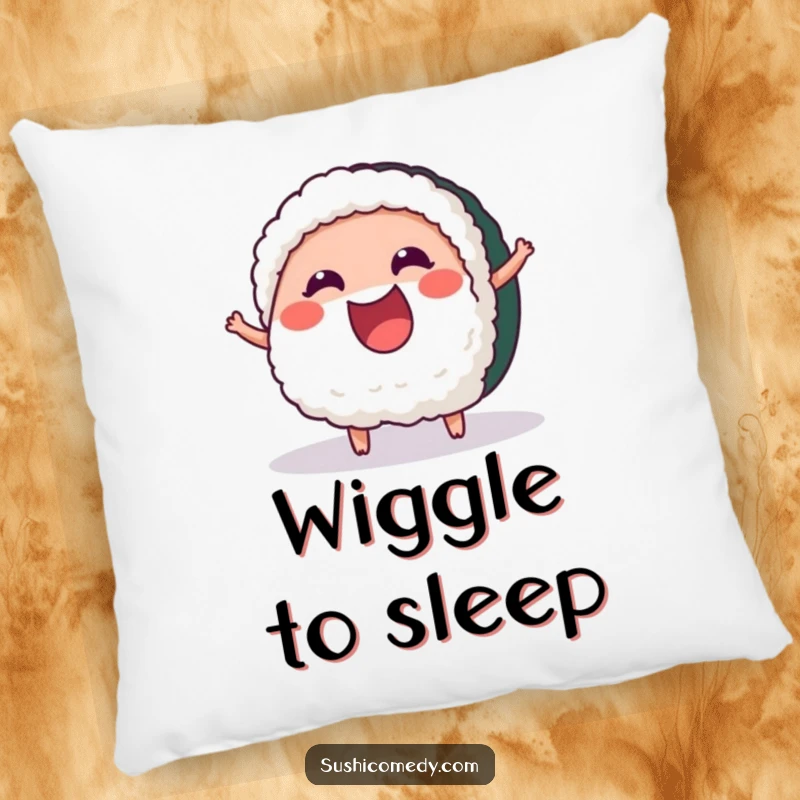 Funny Cheerful Tuna Sushi Pillow featuring a happy tuna sushi character wiggling with excitement, perfect for cozying up with joy.