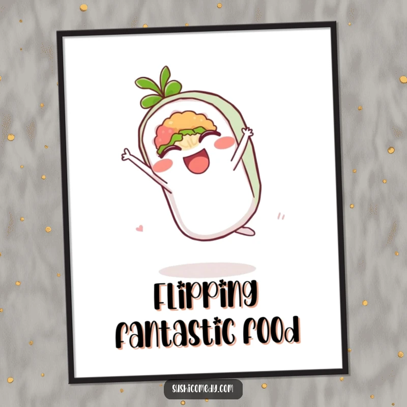 Funny digital art of a delighted maki roll captured mid-cartwheel, perfect for instant cute decor.