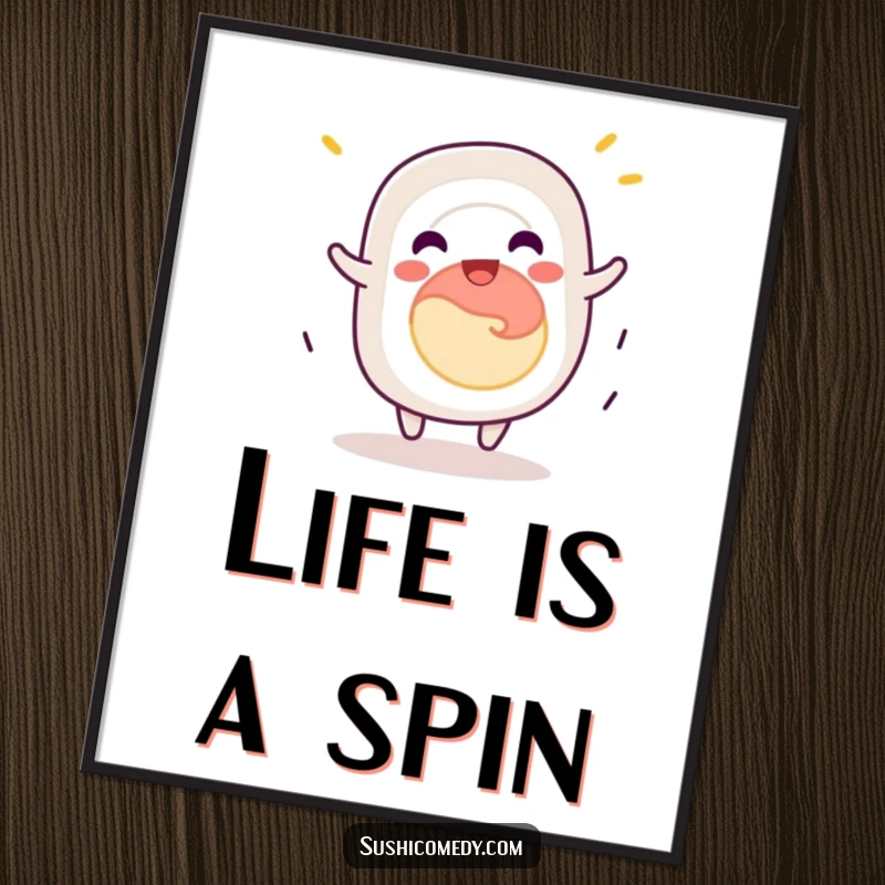 Funny California roll sushi digital art print, jovially spinning with delight, immediate humorous art.