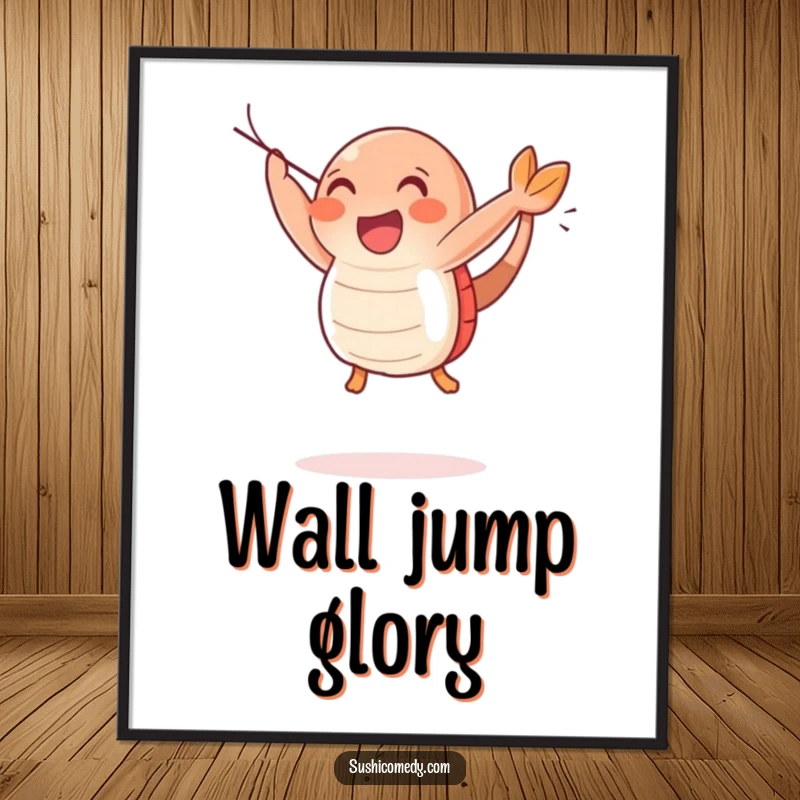 Funny Happy Shrimp Sushi Digital Art Print of a joyful shrimp sushi character in a happy leap, adding energetic cheer.