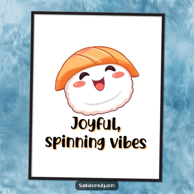 Funny sushi digital art print featuring a smiling salmon sushi character in a happy spin, ideal for instant wall decor.