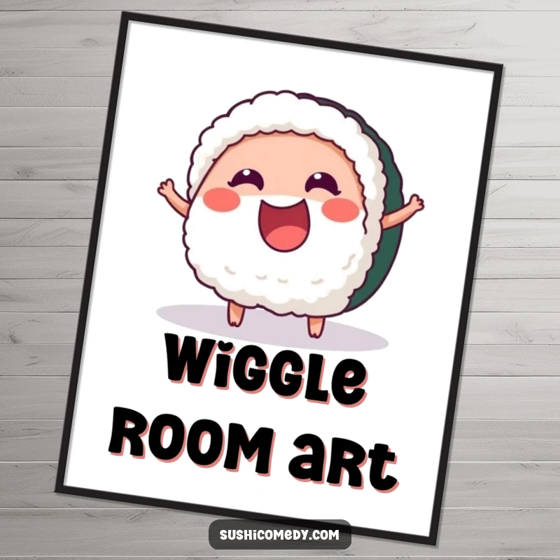 Funny Cheerful Tuna Sushi Digital Art Print of a happy tuna sushi piece wiggling with excitement, adding energetic cheer.