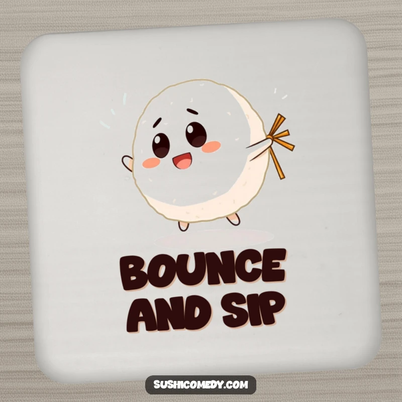 Funny Giggling Rice Ball Coaster displaying a happy rice ball character bouncing with a nori strip, adding decorative humor.