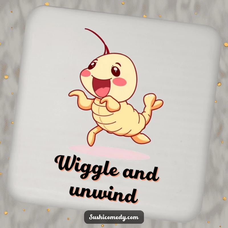 Funny shrimp tempura sushi roll coasters, delightfully wiggling its legs, protecting surfaces with humorous charm.