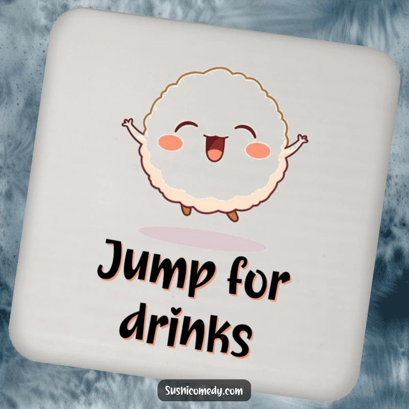 Funny coaster art of a giggling rice ball in mid-jump, adding cute protection to your furniture.