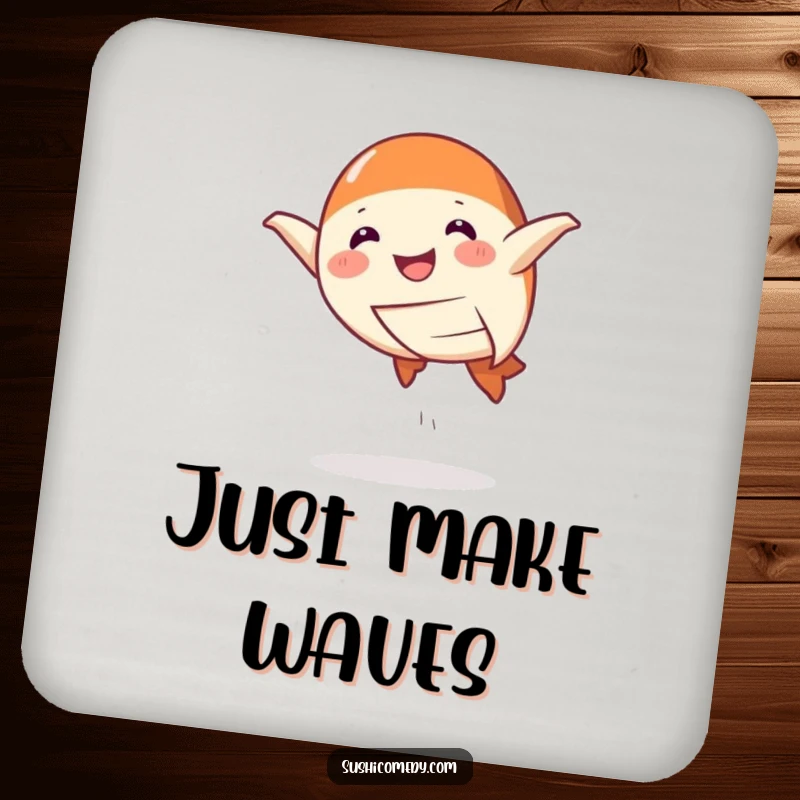 Funny Drink Coaster featuring a smiling salmon nigiri doing a playful leap, adding a humorous and delicious touch to drink service.