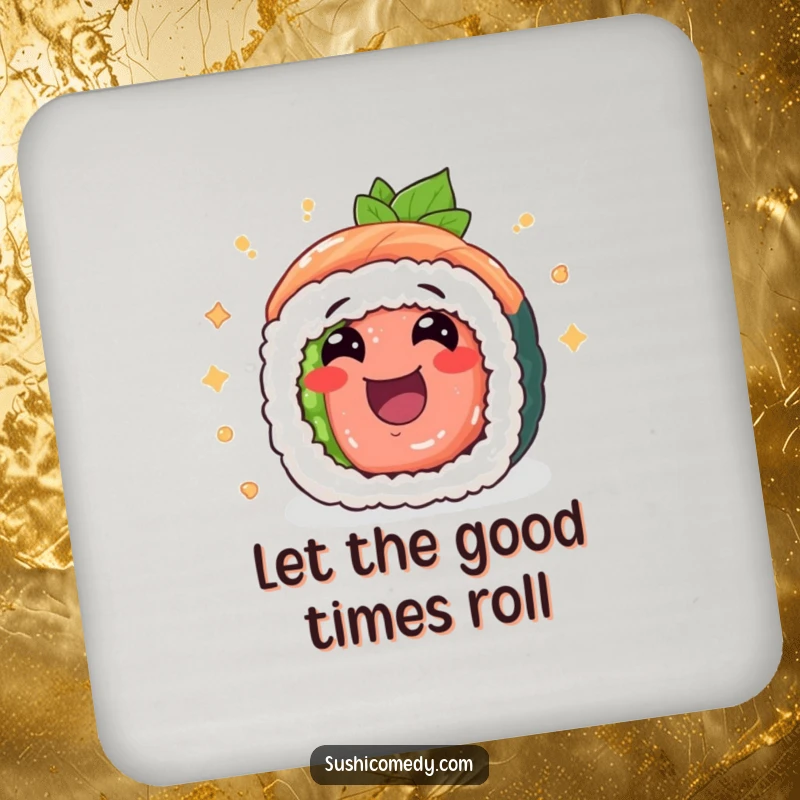 Funny tuna maki sushi roll coasters, cheerfully rolling with excitement, protecting surfaces with humorous sushi charm.