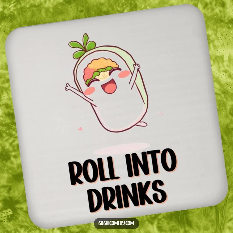 Funny coaster art of a delighted maki roll mid-cartwheel, adding cute sushi protection to your furniture.