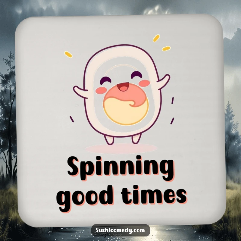 Funny California roll sushi coasters, jovially spinning with delight, protecting surfaces with humorous sushi charm.