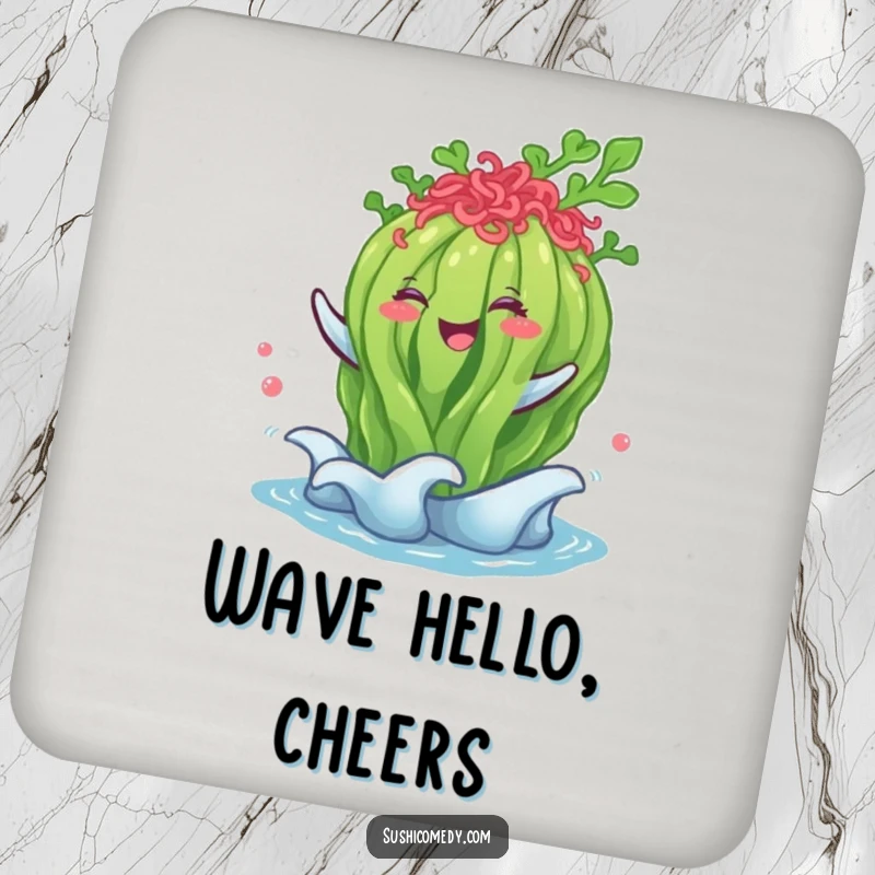 Funny seaweed salad coasters, happily performing a gentle wave, protecting surfaces with humorous charm.
