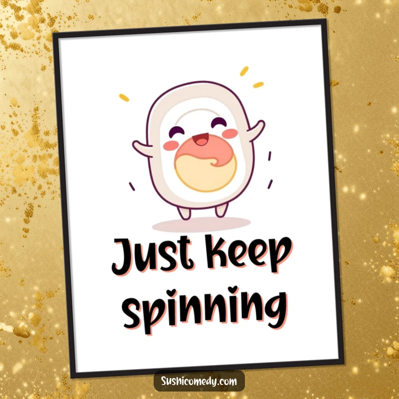 Funny California roll sushi poster, jovially spinning with delight, vibrant and humorous wall art.