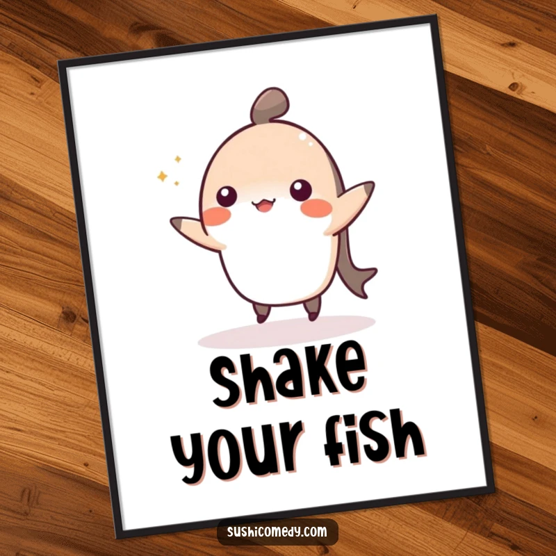 Funny poster print of a cheerful nigiri sushi caught mid-dance, radiating happiness and charm.