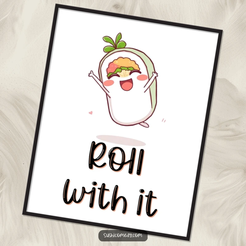 Funny poster print of a delighted maki roll caught mid-cartwheel, radiating happiness and charm.