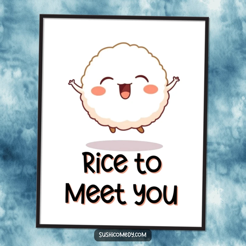 Funny poster print of a giggling rice ball captured mid-jump, radiating happiness and charm.
