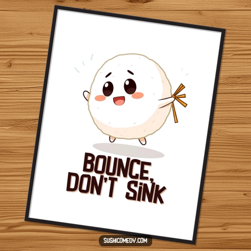 Funny Giggling Rice Ball Poster illustrating a happy rice ball character bouncing with a tiny nori strip, bringing cheerful energy.