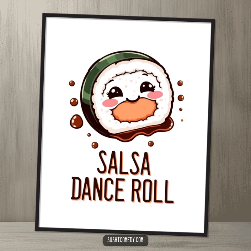 Funny Sushi Spin Poster illustrating a smiling sushi piece in a dynamic spin with soy sauce art, creating a lively visual.