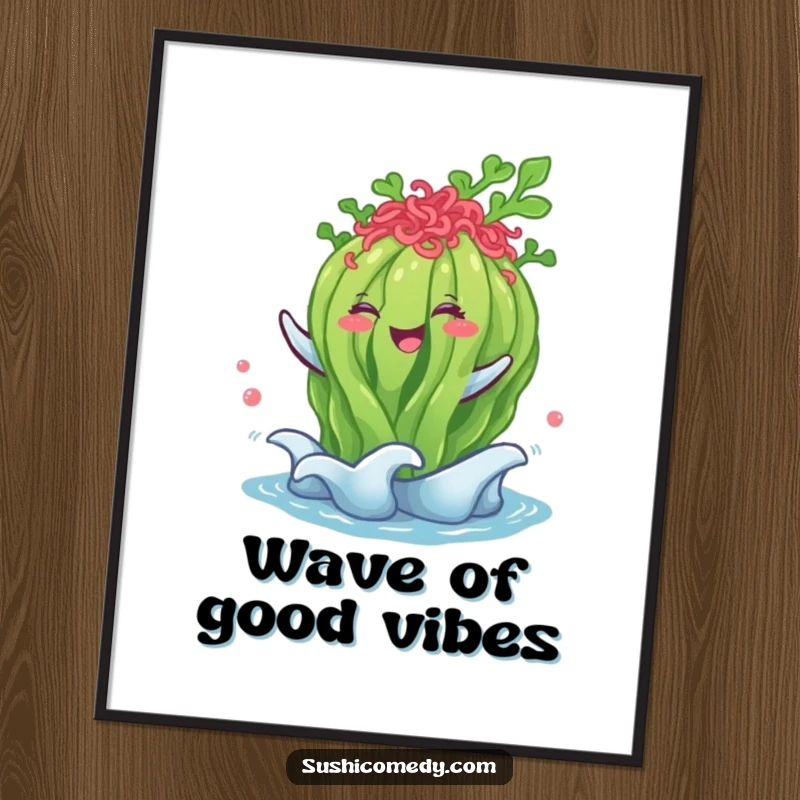 Funny seaweed salad poster, happily performing a gentle wave, vibrant and humorous wall art.