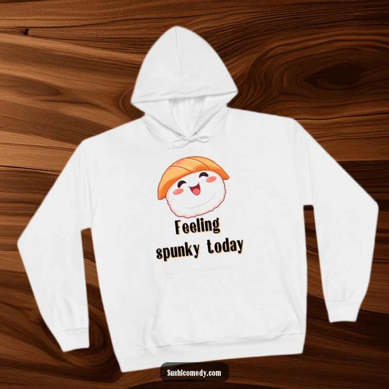 Funny sushi hoodie featuring a smiling salmon sushi character in a happy spin, perfect for chilly days and sushi lovers.