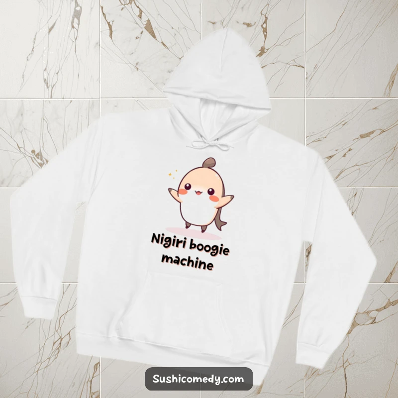 Funny hoodie design of a cheerful nigiri doing a cute dance, offering warmth and sushi-themed joy.
