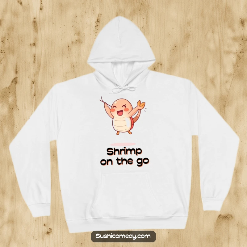 Funny Happy Shrimp Sushi Hoodie featuring a happy shrimp sushi character in a joyful leap, radiating positive energy and fun.