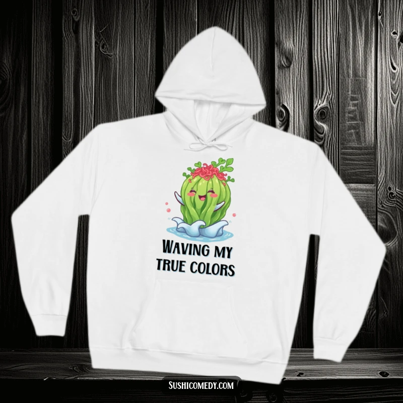 Funny seaweed salad hoodie, happily performing a gentle wave, cozy and humorous outerwear for cool days.