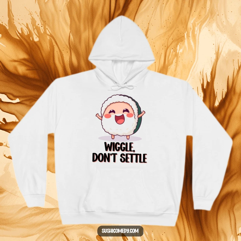 Funny Cheerful Tuna Sushi Hoodie featuring a happy tuna sushi character wiggling with excitement, radiating positive energy and fun.
