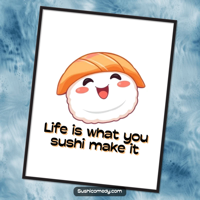 Funny Free Printable Wall Art: A smiling salmon sushi doing a happy spin, quirky downloadable decor.